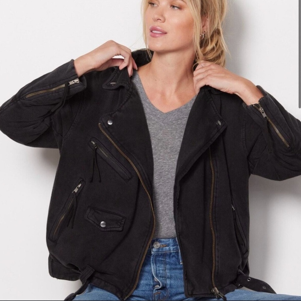 We The Free Black Bomber Moto Jacket with Zip Details